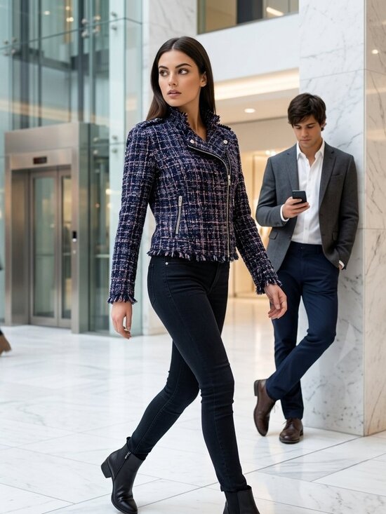 Zara Jackets & Blazers - Zara Basic Navy Tweed Moto Jacket M Chanel-Inspired Raw Fringe Investment Piece